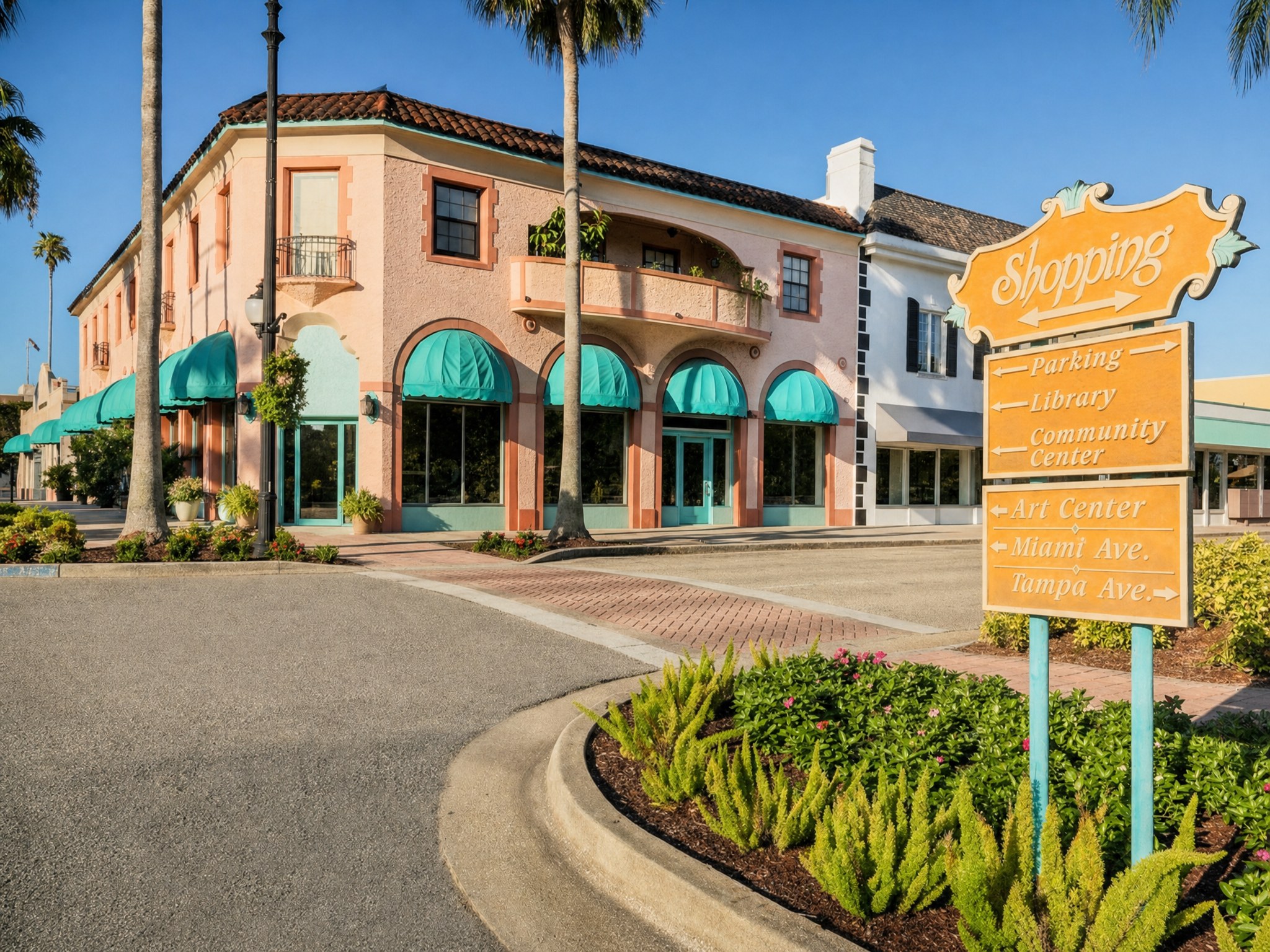 A peach stucco Mediterranean Revival corner building with teal arched awnings and palms on West Venice Avenue, beside an orange Shopping wayfinding sign